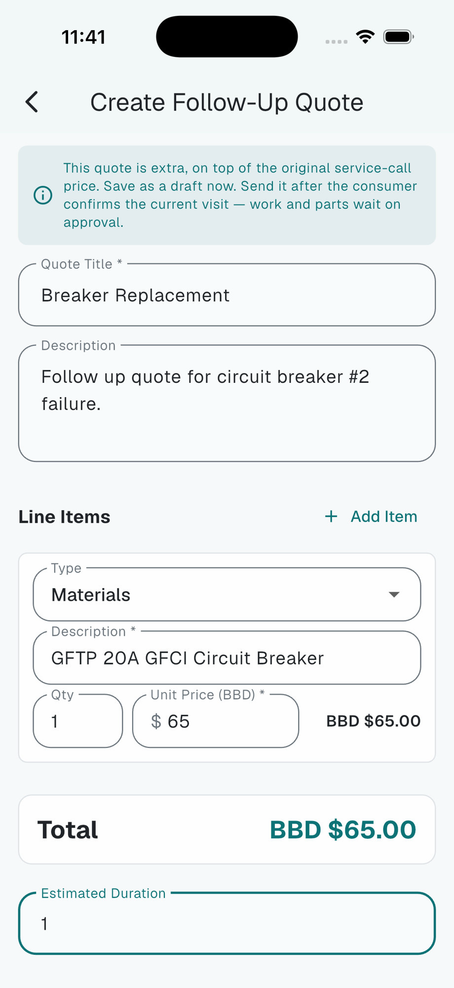 Create Follow-Up Quote for Breaker Replacement, with a line item for a 20A GFCI circuit breaker, extra on top of the original service-call price.