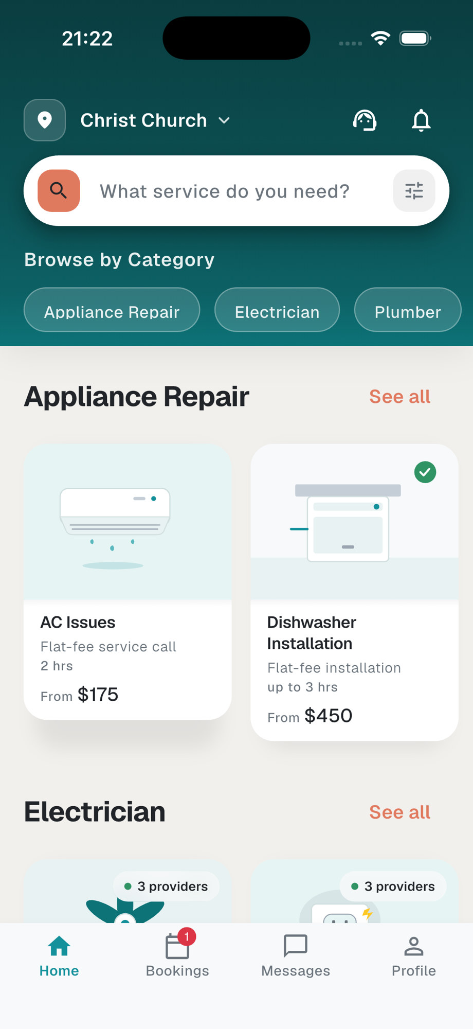 Nexus home screen showing service-call offerings by category.