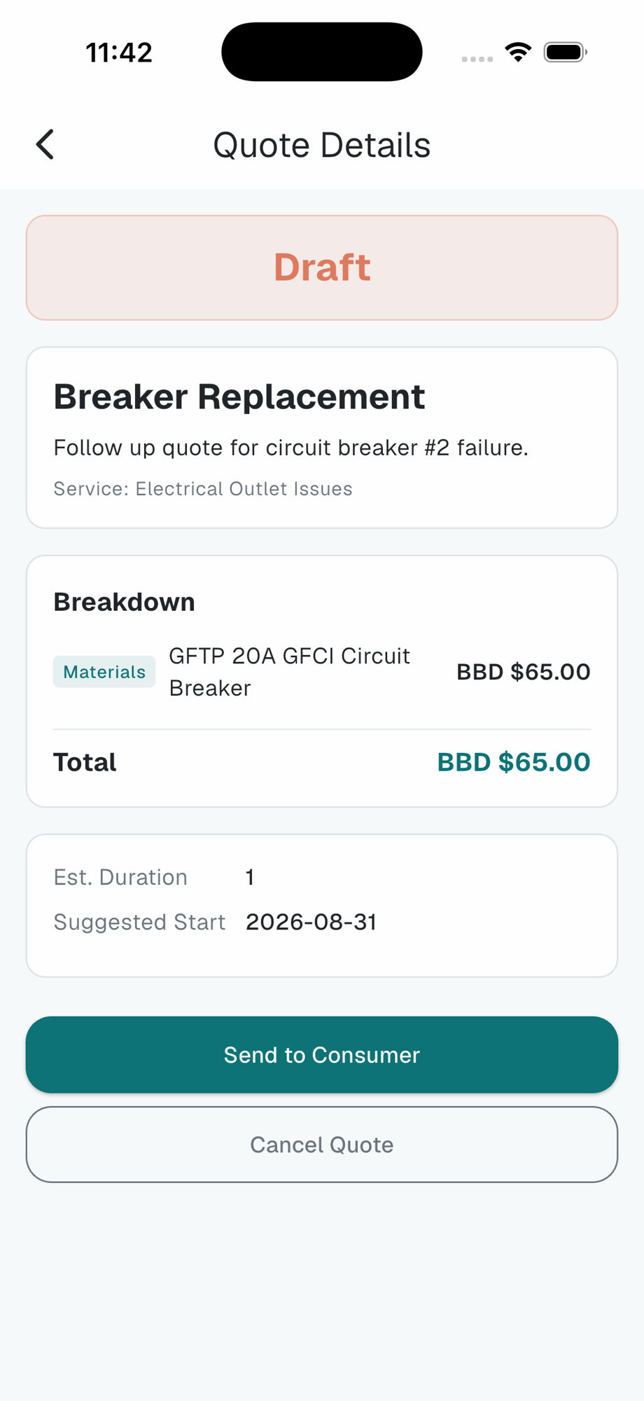 Quote for Breaker Replacement on an Electrical Outlet Issues visit: a 20A GFCI circuit breaker, with its own total.
