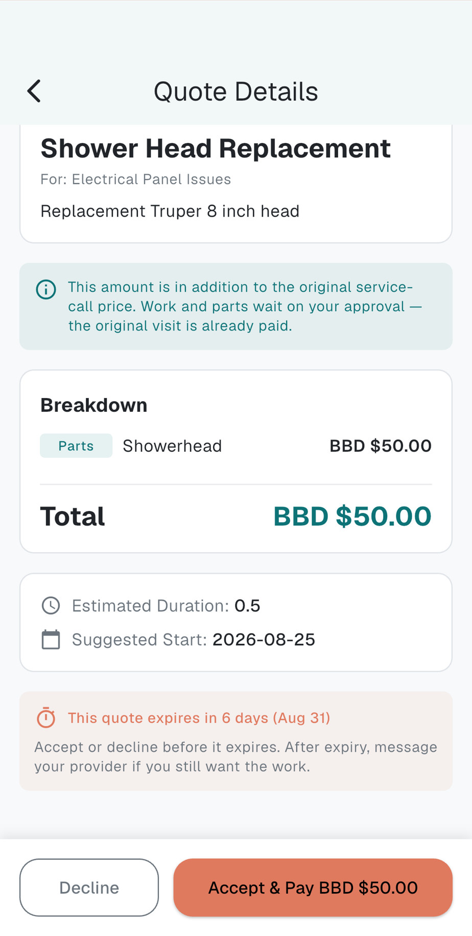 Follow-up quote in the app: extra parts on top of the original service call, with Decline or Accept and Pay.