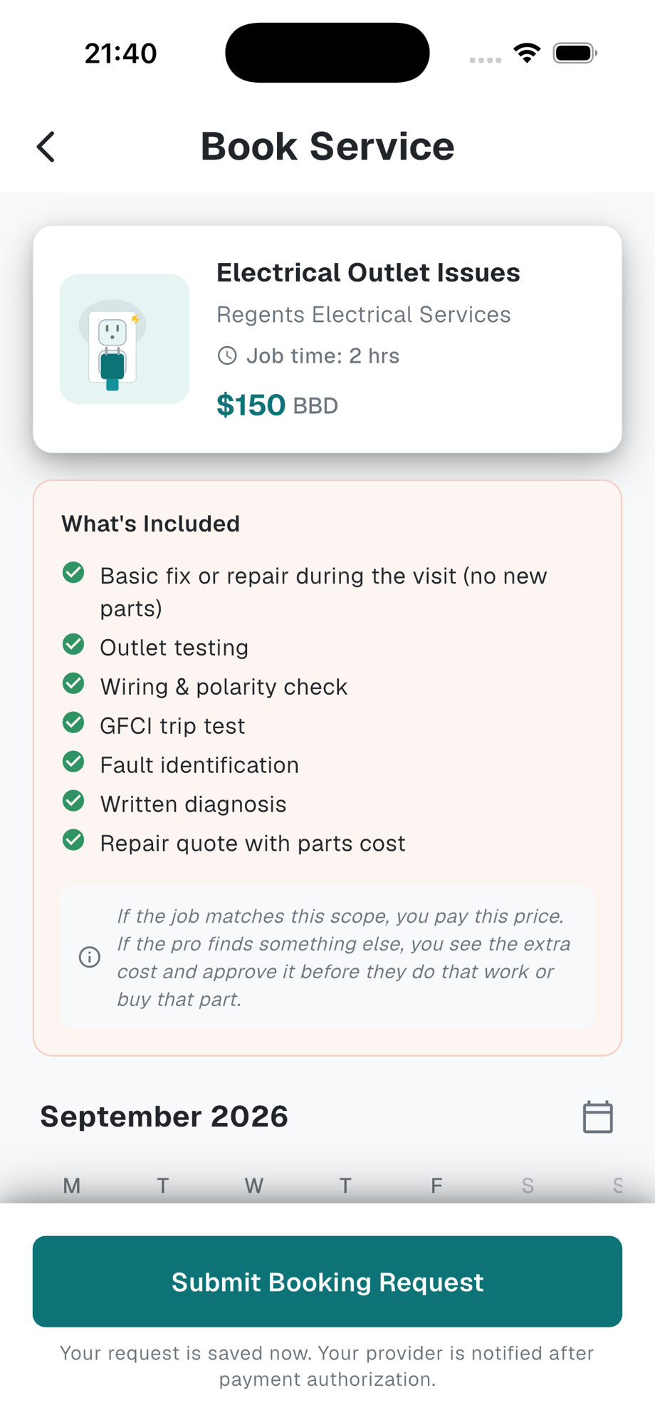 Booking screen for Electrical Outlet Issues showing What's Included, the displayed price, and the scoped-price promise.